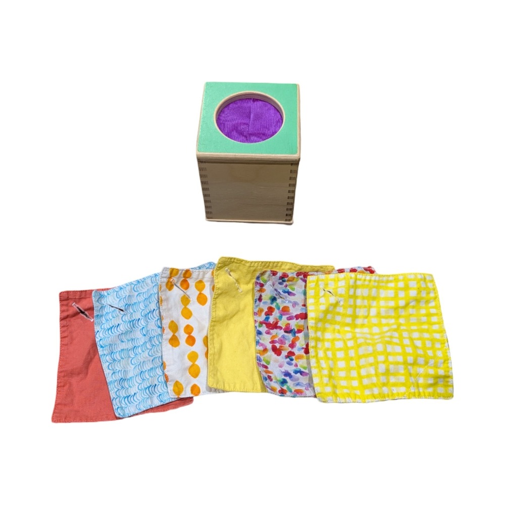 Lovevery Wooden Tissue Box Toy with 6 Scarves | Montessori Sensory Toy